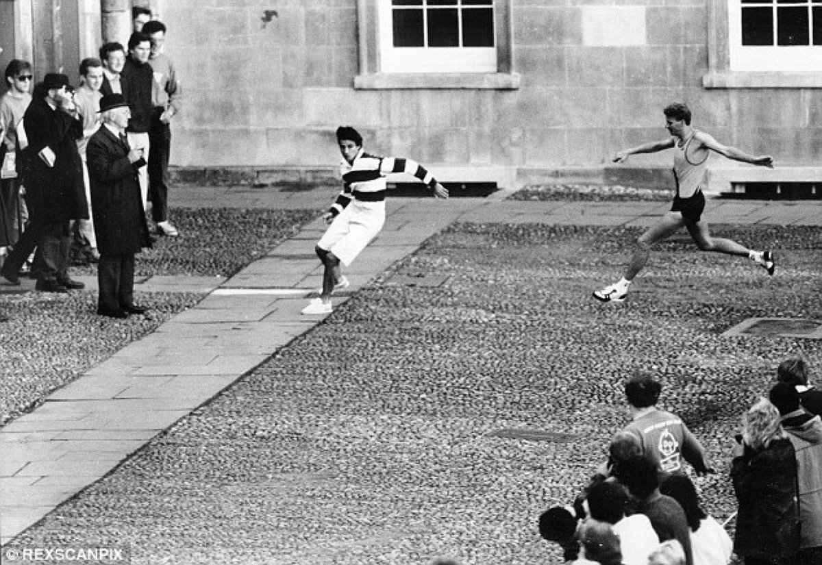 #92An age long myth As shown in the 1981 film Chariots of Fire, many have attempted to run around the Great Court at Trinity College, Cambridge(367m) in 43.6sIt was widely believed that Sebastian Coe achieved it in Oct 1988 - replays suggest however that he was 12m short