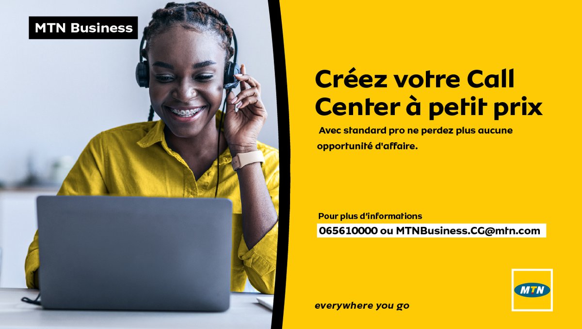 MTNBusinessCG's tweet photo. Améliorez la gestion de votre relation client par une prise en charge efficace et conviviale d'appel 24h/24 et 7j/7 avec notre Standard Pro. Pour plus d'informations contactez-nous au 065610000 ou MTNBusiness.CG@mtn.com
#Standardpro #callcenter #Relationclient #service #Team242 https://t.co/hAD6RD1Eel