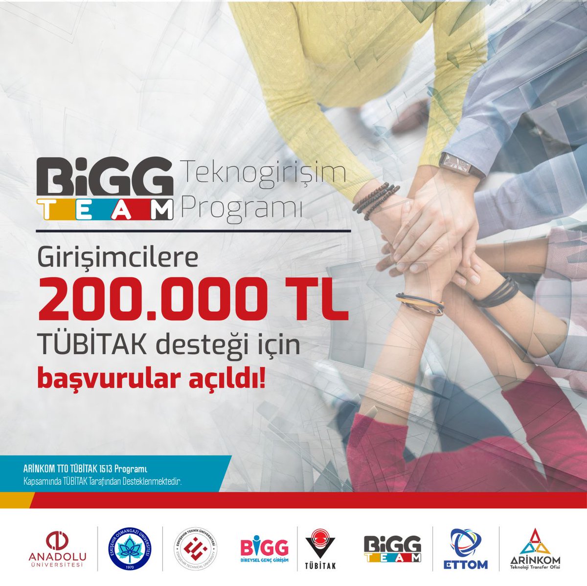 BİGG TEAM ile gücüne güç kat!

BİGG TEAM ile TÜBİTAK 1512 Bireysel Genç Girişimcilik (BİGG) Programı’nda 200.000 TL hibe ile şirketleşerek girişimcilik ekosisteminde sende yer almak istiyorsan hemen başvurunu bigg.team adresinden tamamla!
#ettom #arinkom #estü