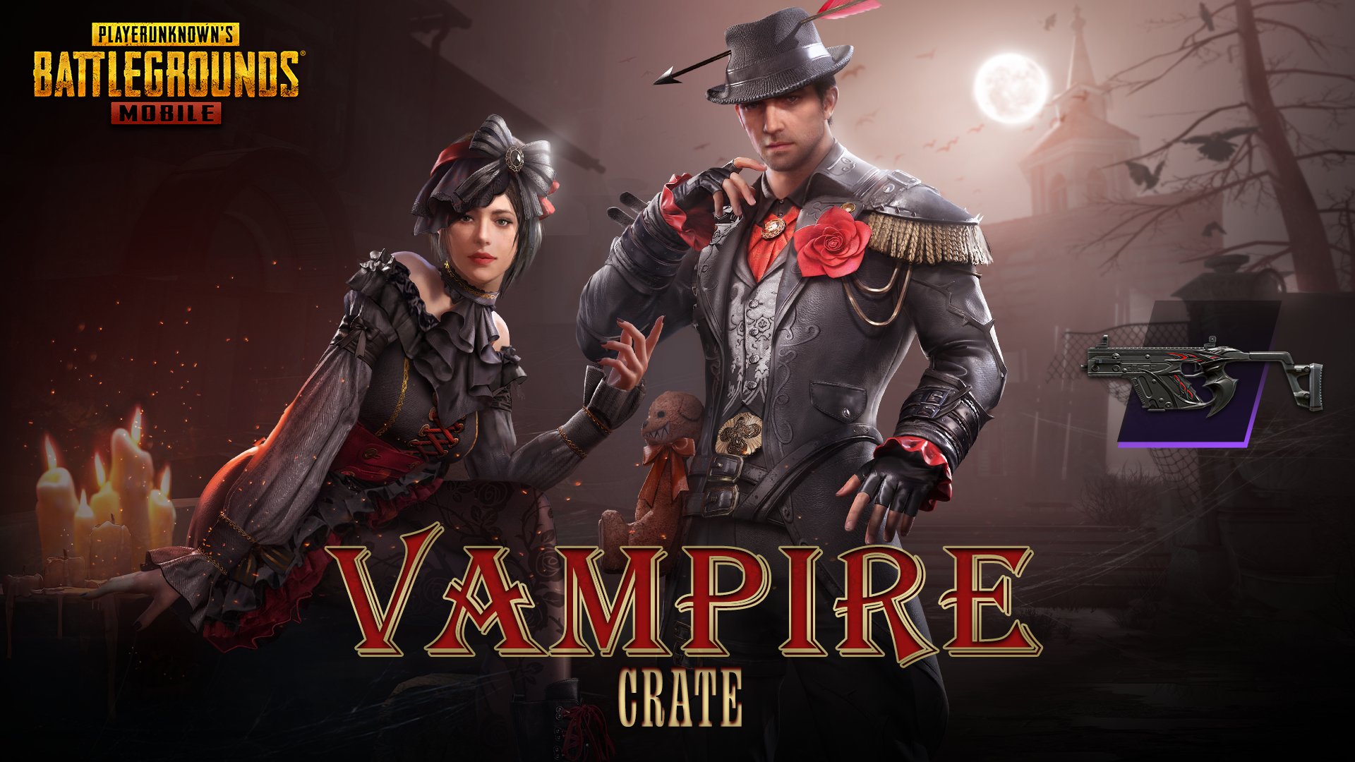 Pubg Mobile 日本公式 ゴシックロリータセット と ゴシック公爵セット が入った Vampireクレート が新登場 他にもレベルアップ銃器スキン Vector Bloody Bat や ダチア Vampire など ハロウィンテーマのスキンが多数 Pubg Mobile 日本公式 ゴシックロリータセット と ゴシック公爵セット が入った Vampireクレート が新登場 他にもレベルアップ銃器スキン Vector Bloody Bat や ダチア Vampire など ハロウィンテーマのスキンが多数