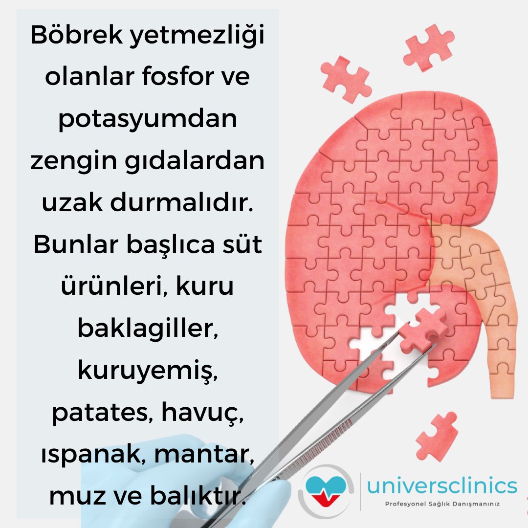 Böbrek yetmezliği olanlar #tuz gibi #fosfor ve #potasyum içerikli süt ürünleri, kuru baklagiller, kuruyemiş, patates, havuç, ıspanak, mantar, muz ve balık tüketirken daha dikkatli olmalıdır.

#sağlık 
#Böbrekyetmezliği 
#Cuma 
#HayırlıCumalar 
#universclinics