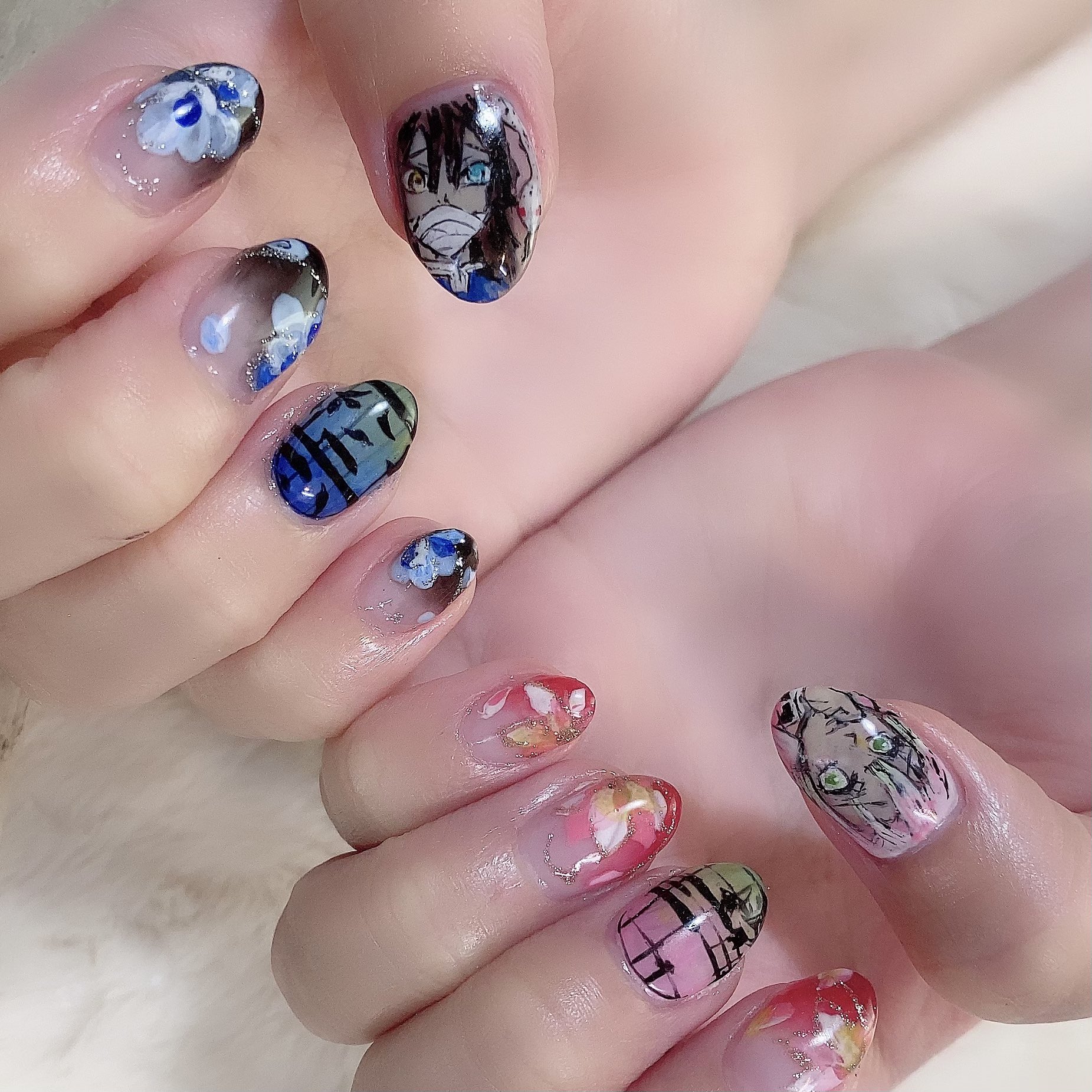 4nail 鬼滅の刃ネイル 伊黒小芭内 蜜璃ちゃん 京王堀之内ネイルサロン アート10本やり放題 7500円 京王堀之内 ネイルサロン 南大沢ネイルサロン 多摩センターネイルサロン 多摩市ネイルサロン 八王子ネイルサロン 鬼滅 鬼滅の刃ネイル 痛ネイル