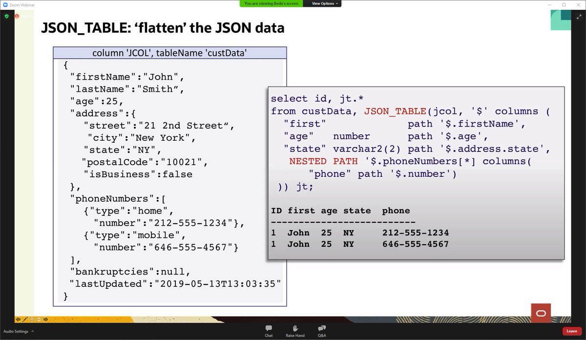 DBoriented's tweet image. Despite the early hour, @bch_t sounds energetic while giving a very good and clear presentation about #JSON in @OracleDatabase 
#oraclegroundbreakersapacvirtualtour2020