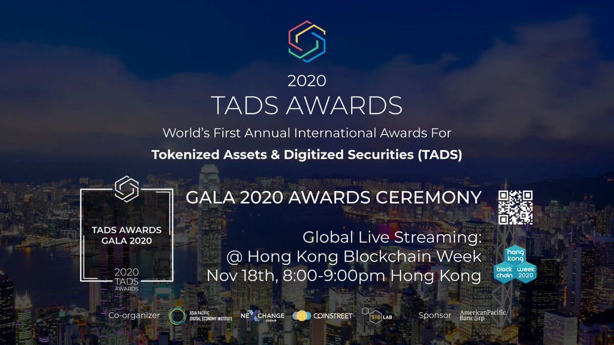 Excited to be a co-organizer for <a href="/TADSAwards/">TADS Awards</a>, the world’s first international award for the asset tokenization and digital securities sector! Join us for a special awards presentation, which will be streamed live during <a href="/HK_Blockchain/">Hong Kong Blockchain Week</a> on Nov. 18th. #tadsawards