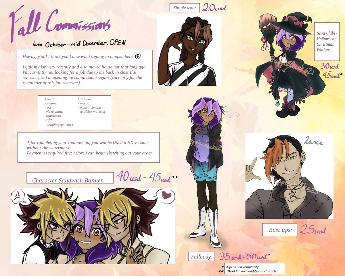 HEY-YA! I’m opening commissions tomorrow after my midterm is submitted but I wanna feel better by posting this now :) please let me know if interested!