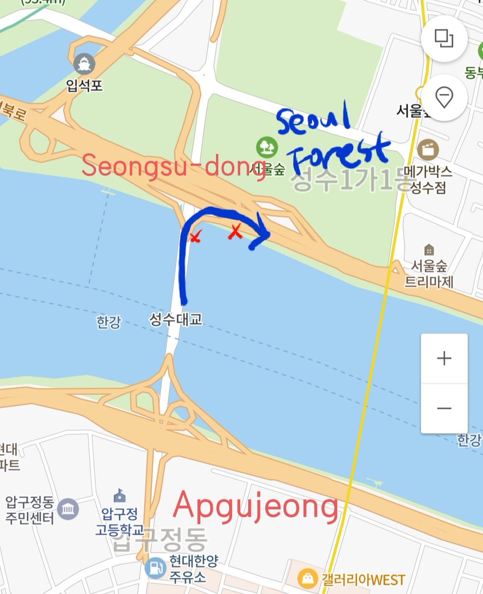 3. at 00:25 mark, the MV takes us to "Gangbyeonbuk-ro", a large-lane expressway that crosses the middle of Seoul city east to west. 'Gangbyeon' means riverside, 'buk' means north, 'ro' means road. The route here shows the person is crossing Sungsu bridge, heading east.