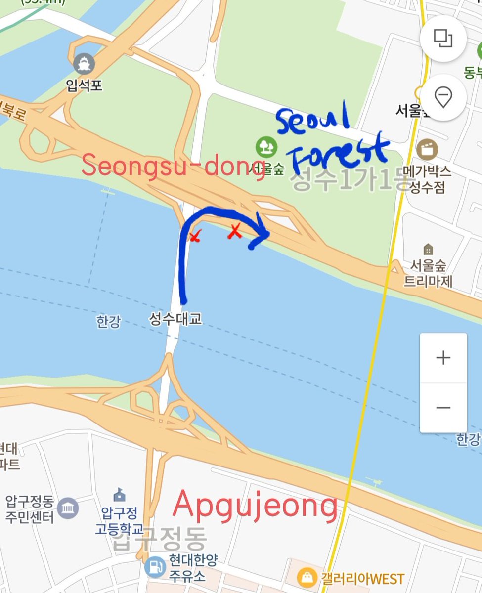3. at 00:25 mark, the MV takes us to "Gangbyeonbuk-ro", a large-lane expressway that crosses the middle of Seoul city east to west. & #39;Gangbyeon& #39; means riverside, & #39;buk& #39; means north, & #39;ro& #39; means road. The route here shows the person is crossing Sungsu bridge, heading east.