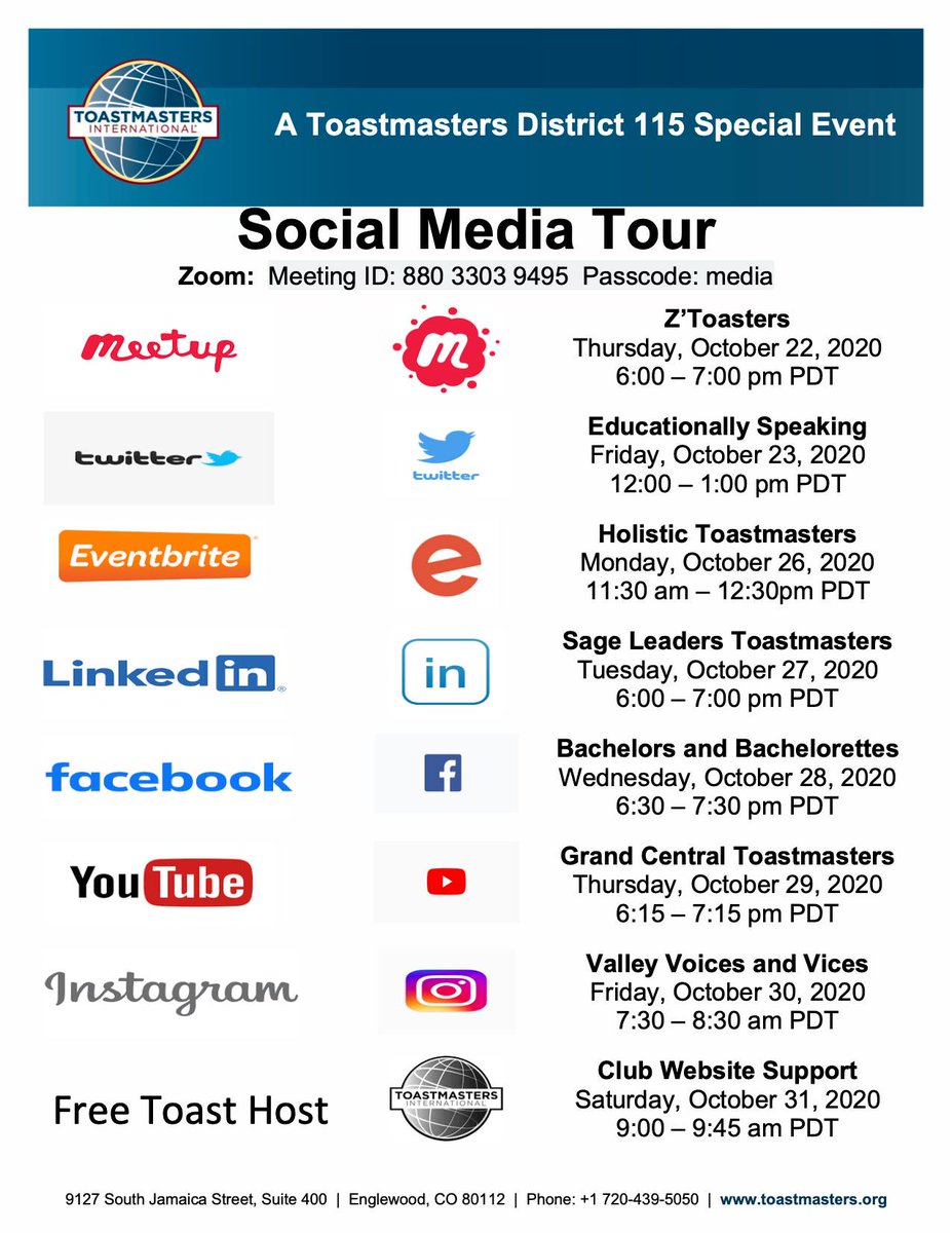 IntlSpeakingTM's tweet photo. What are you doing today at noon? Come join us for the #Toastmasters District 115 Social Media Tour and share your best practices for Twitter. Meeting info in the flier.
#EducationallySpeaking https://t.co/P4NwkseOD7