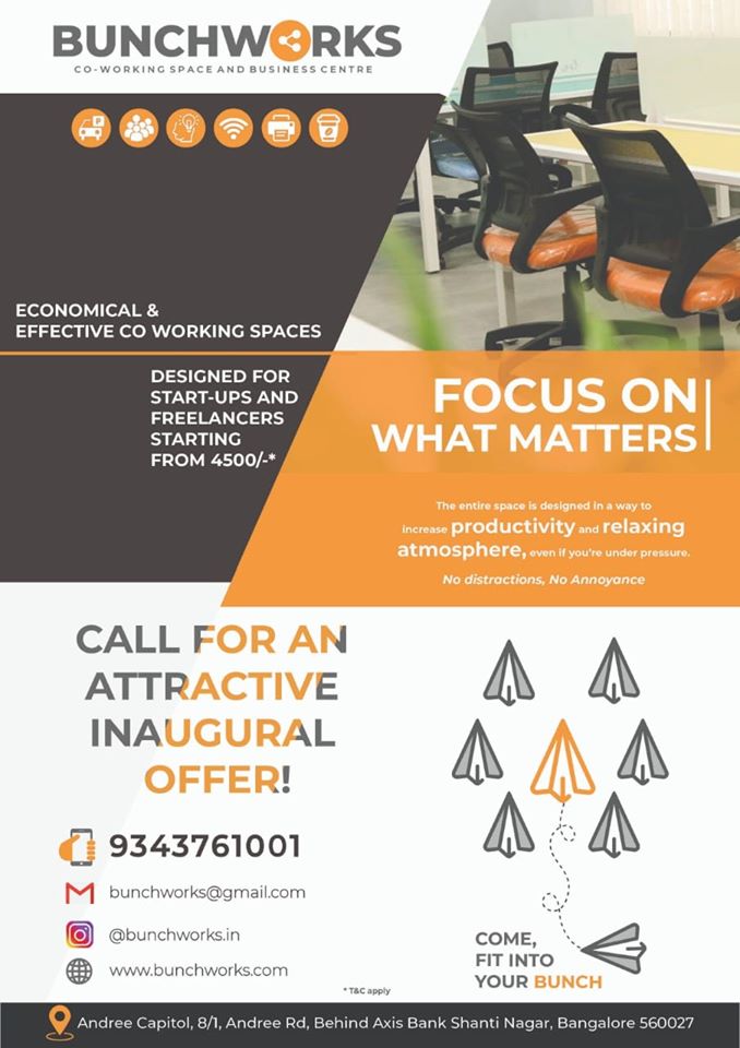 bunchworks's tweet photo. Hot seats and Boss cabins available at an exclusive discount for #startups,#Students,#freelancers,#bangalore,#hotseats,
#bosscabin,#startupsbusiness,#coworking,#richmondcircle,#bangalorecoworkingspace,#Conference.visit for details https://t.co/I8dDIOQNzq https://t.co/dNdgrsWbwH