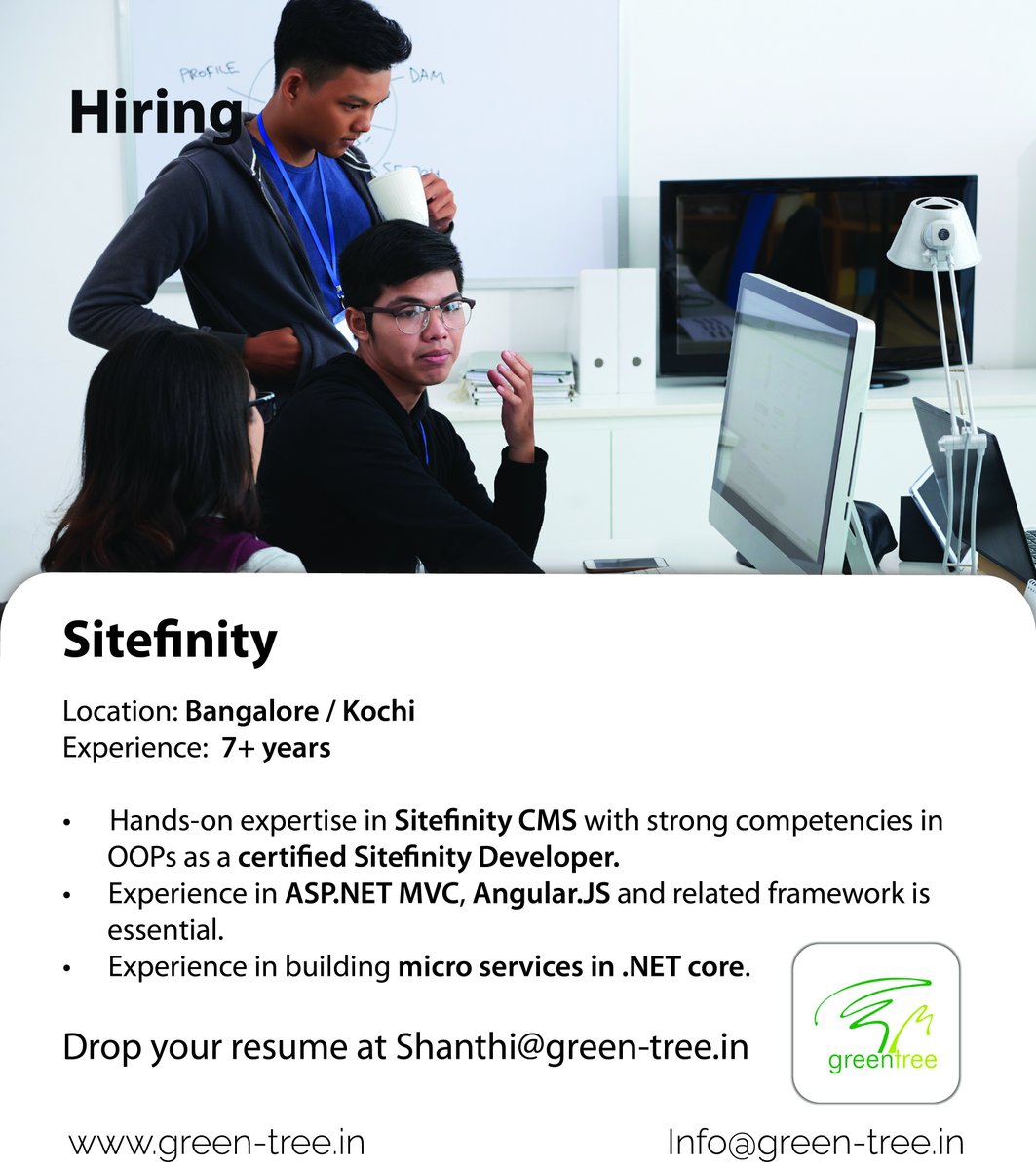 #WeareHiring
Sitefinity - #Bangalore / #Kochi

#Comment Interested

Follow #Greentree for daily Job updates!
#sitefinity #cmsdevelopment #cmswebsite #cms #angulardeveloper #aspdotnet #microservices #dotnet #microservicesarchitecture #jobseeekers #sitefinityjobs #itjobsearch