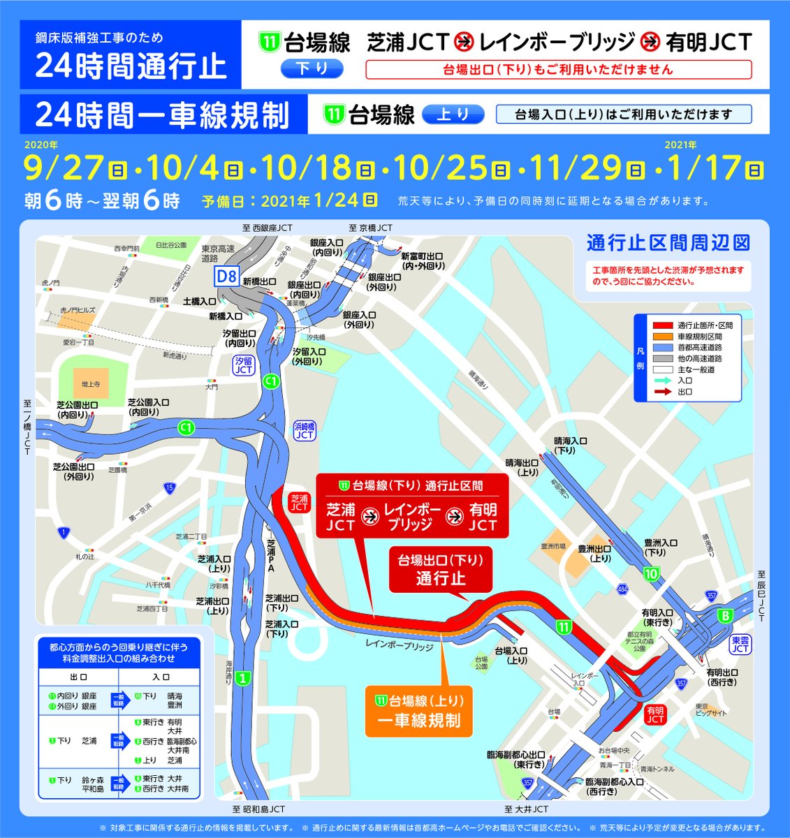 公式 道路交通情報 首都高 على تويتر 現在工事中のため 明朝6時まで芝浦jct 有明jct付近は通行止めを実施します 渋滞が予想されますので 他の路線をご利用もご検討ください う回へのご理解 ご協力をお願いします 只今の交通情報はこちら Https T Co