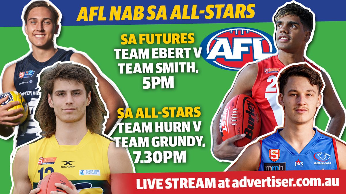 LIVE STREAM: The state’s top #draft prospects are set to square off in a bid to impress #AFL recruiters on Grand Final eve. Catch every kick from SA's all stars games in our live stream from 5pm today.
WATCH HERE: https://t.co/kCW0Huy3xF https://t.co/BYsiauRIyK