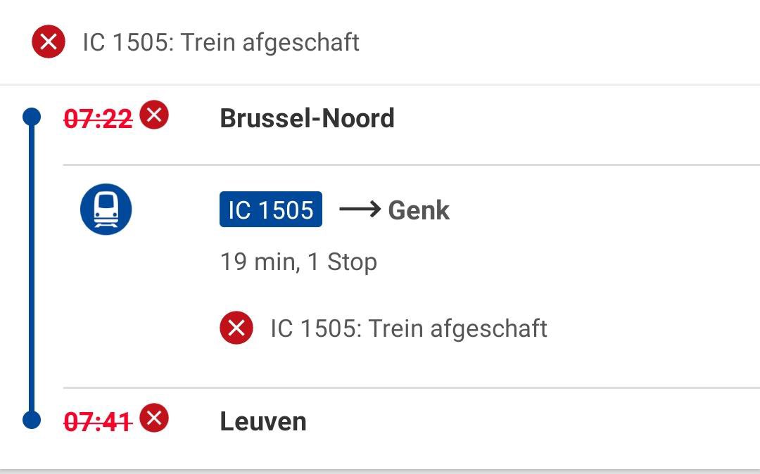 Bedankt <a href="/NMBS/">NMBS</a> voor de leuke start van onze vrijdag. Trein tussen Asse-Jette afgeschaft. Partner afgezet in Brussel-Noord zodat ze op tijd op haar werk kan zijn en daar is de trein naar Leuven ook nog eens afgeschaft. Doe er eens iets aan aub. Het is ronduit schandalig...