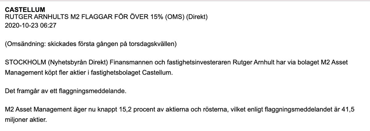 Investormannen's tweet photo. Arnhults bolag äger nu över 15% av Castellum vilket motsvarar ett marknadsvärde på dryga 8 Mdr. De 40% av Klövern som kontrolleras av honom och hans bror (helt fristående såklart 😉) motsvarar drygt 4,5 Mdr. OM det blir en kris så kan man fråga sig vad han kommer att prioritera… https://t.co/HW0tIZGCRN