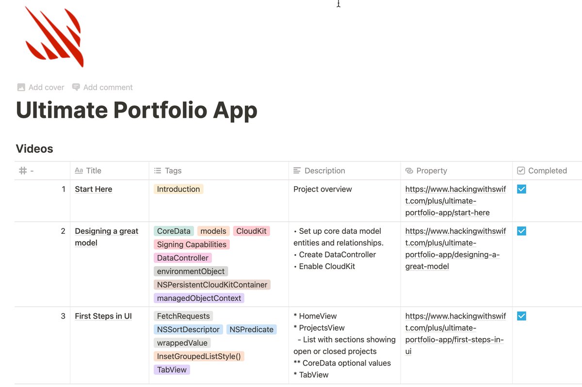 StewartLynch's tweet image. As I am working through @twostraws #HackingWIthSwift Plus Ultimate Porfolio app, I am using @NotionHQ  to make notes on every video.  I LOVE Paul’s stuff but find it difficult to go back and find things.  I will share when I am done. #iosdev #swiftlang #swiftUI