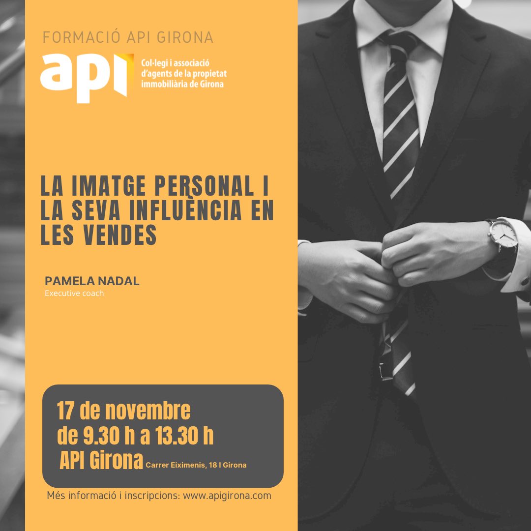 apigirona's tweet image. La imatge personal et pot ajudar a augmentar les vendes! Connecta’t a la sessió que impartirà @pamelanadalz el proper 17 de novembre i descobreix tot el que la teva imatge transmet 🤳🏻

ℹ️ apigirona.com/cat/api/curs/6…

#formacióAPI #api #apiGirona #imatgepersonal #vendes #màrqueting