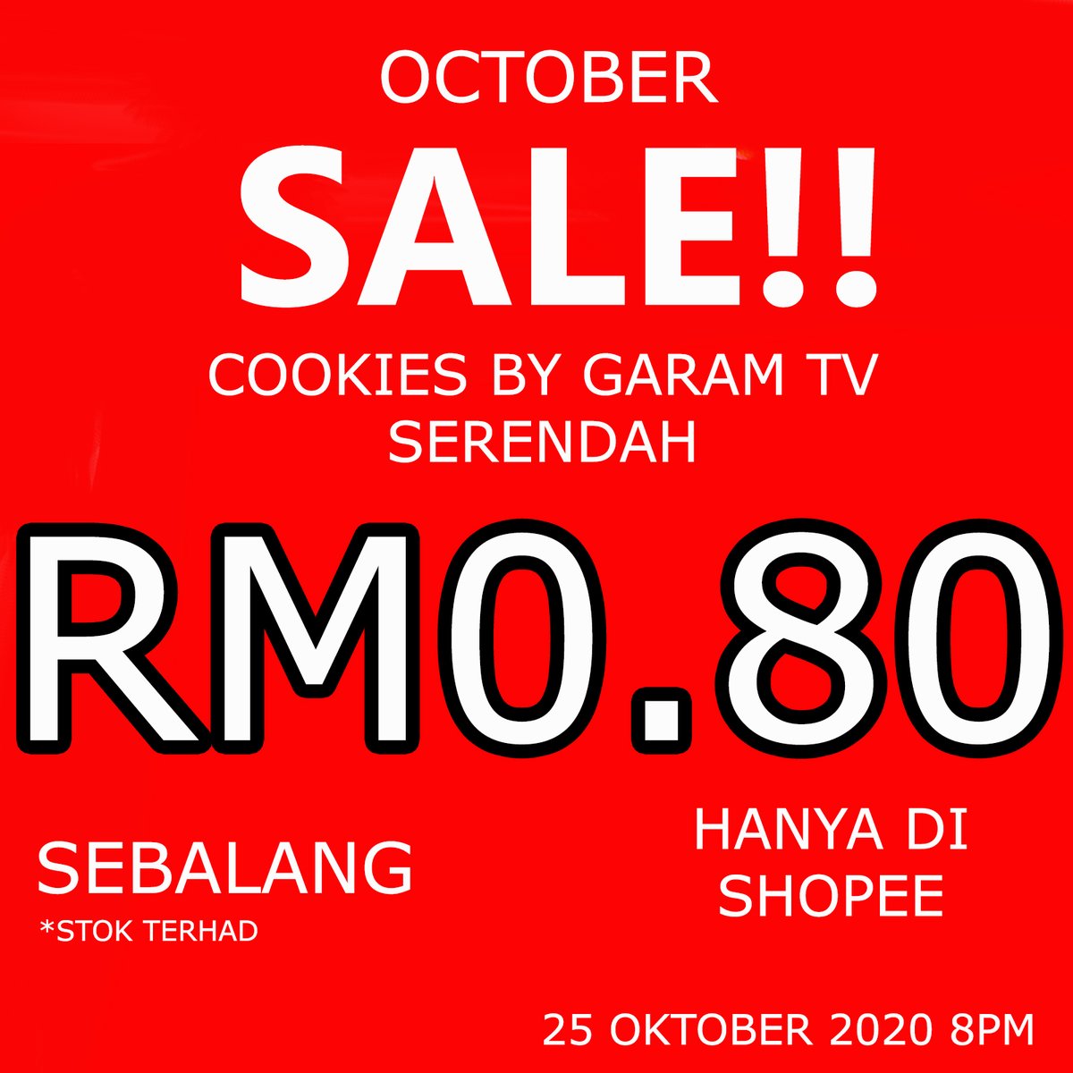 YEAH!!! SEBALANG COOKIES SERENDAH RM0.80!!!!Korang tak pernah rasa   #COOKIESBYGARAMTV kan??? ini peluang korang!!!25hb ni Garam TV belanja korang cookies! korang perlu bayar RM0.80 je! Tapi siapa cepat dia dapat! sebab limited sangat Sangat SANGAT!!!Make sure korang RT ni!