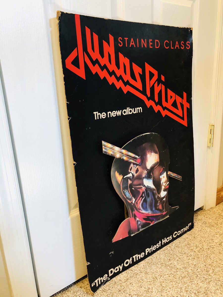 lumpfish7's tweet photo. Decorating...latest acquisition...1978 UK Stained Class cardboard record store display @judaspriest #50heavymetalyears #judaspriest #robhalford #glenntipton #Ianhill @RichieFaulkner @mr_scotttravis @thejayneandrews #thedayofthepriesthascome  #stainedclass @sebastianbach https://t.co/ec8Ei20Ktd