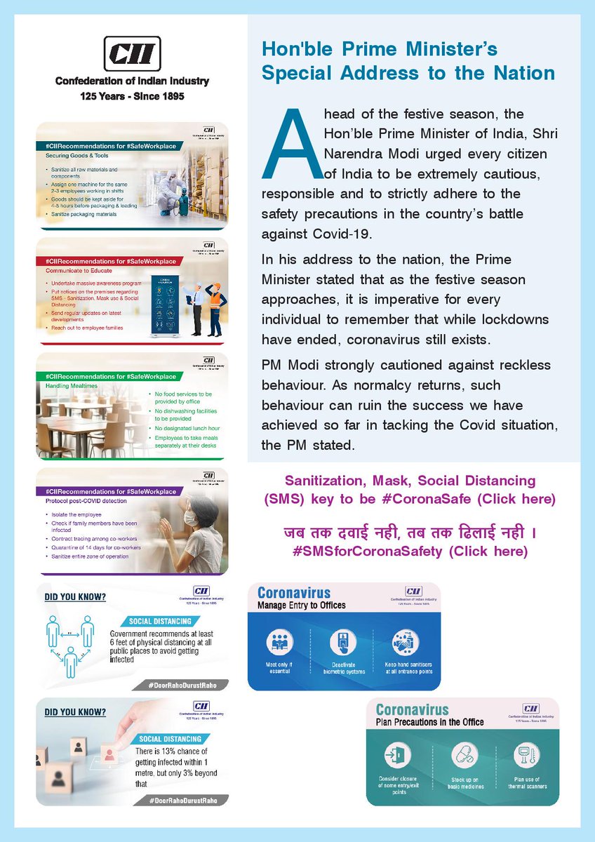 As #India🇮🇳 continues its war against #COVID19, CII strongly upholds the Hon. PM @narendramodi's message & urges everyone to stringently follow safety precautions for ensuring safety & protecting lives during the #festival season. #cii4india @PMOIndia @drharshvardhan @MoHFW_INDIA https://t.co/HLSzRHFusm