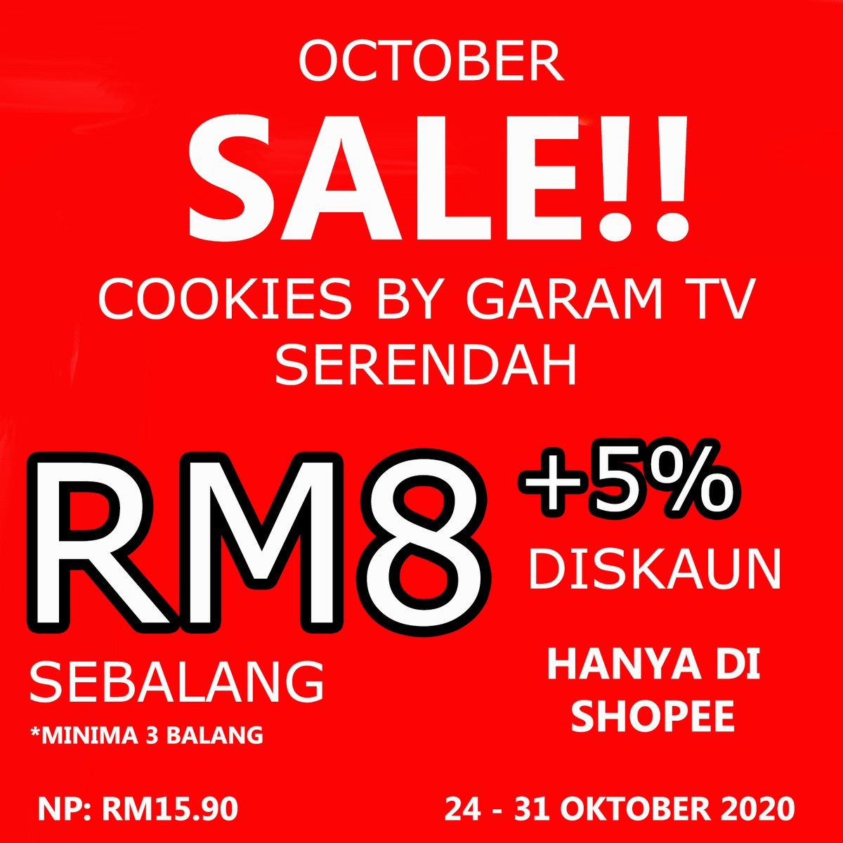 ok andai kata korang terlepas yang RM0.80 tu, korang masih boleh dapatkan   #COOKIESBYGARAMTV pada harga RM8 dengan minima pembelian 3 balang dan keatas!DISKAUN 50% gais dari normal price!!!lepas ni admin tak nak buat dah! haha
