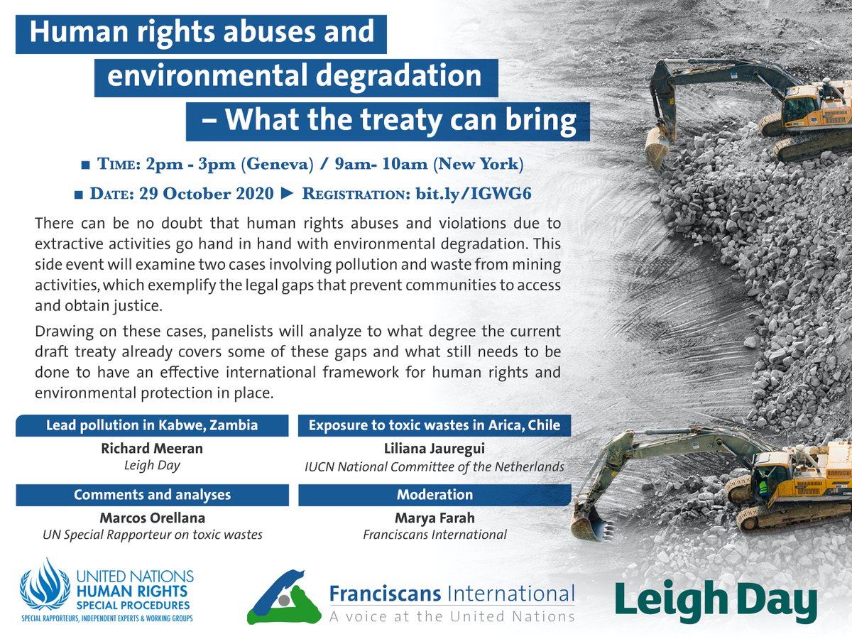 FranciscansIntl's tweet photo. How could a #BindingTreaty concretely affect cases of #humanrights abuses and #environmental degradation? 

During #IGWG6 we’ll examine 2 examples of communities affected by mining in #Zambia &amp; #Chile with @SRtoxics. 
Join us on 29 Oct! Registration at https://t.co/0wMLYsah5v https://t.co/KnVtxCltoW