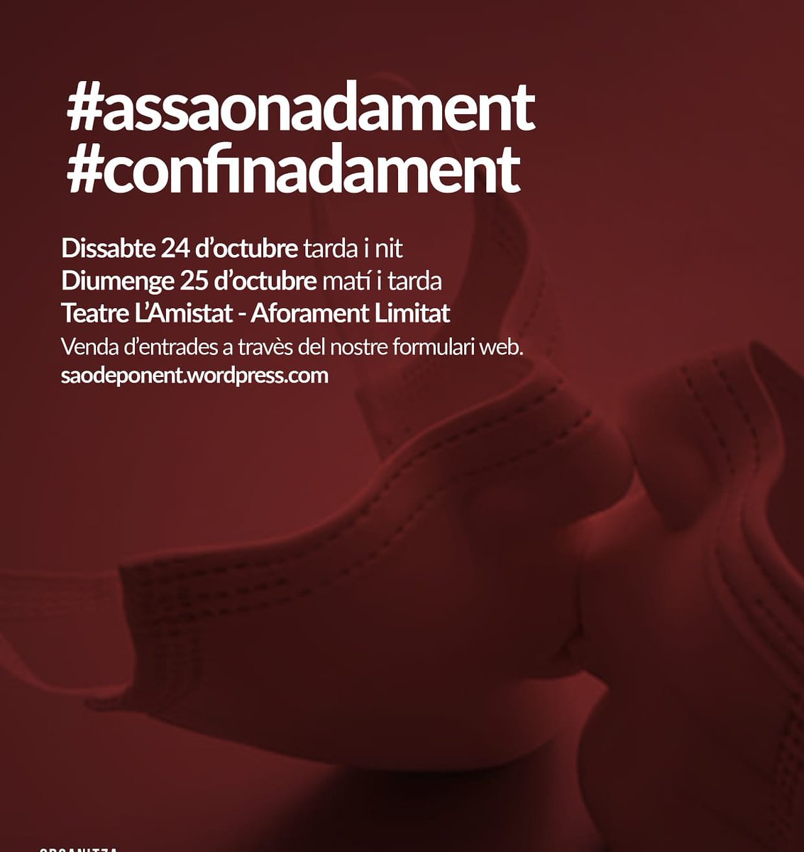 teatrelamistat's tweet photo. Aquest cap de setmana podeu venir a gaudir de  la proposta de @saodeponent #assaonadament #confinadament @teatredebutxaca @ajmollerussa #culturasegura https://t.co/IlaaO48pE0