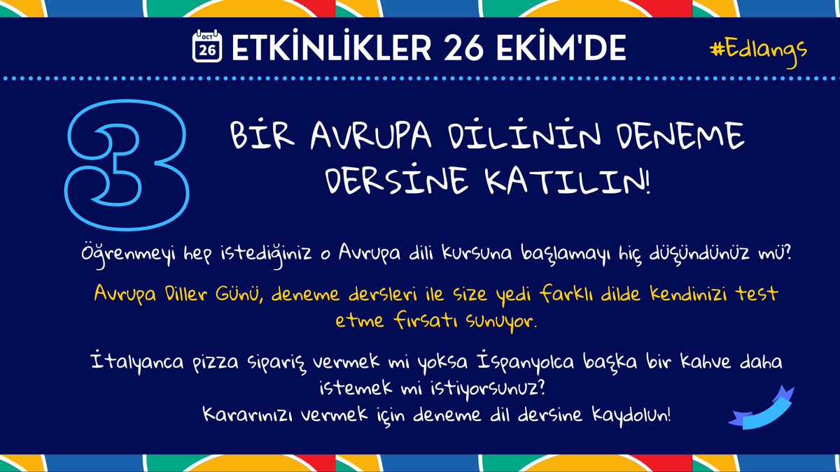 Tanınmış isimlerin bir #Avrupa dili öğrenme deneyimlerini dinleyebilir, elçilerin Türkiye’deki maceralarıyla eğlenebilir ve merak ettiğiniz ancak denemeye fırsat bulamadığınız 7 Avrupa dilini deneme dersleriyle daha yakından tanıyabilirsiniz. 2/3