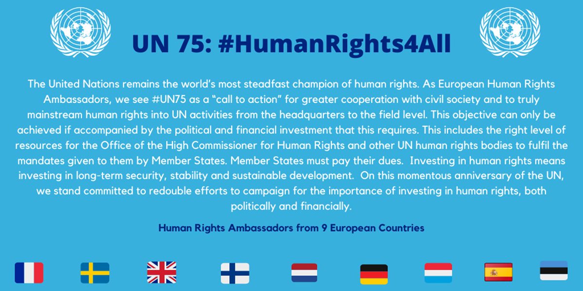Celebrating #UN75 🇺🇳 w. my European Human Rights Ambassador colleagues: "Investing in #HumanRights means investing in long-term security, stability and sustainable development" 🌐☮⚖ @ulkoministerio 🇫🇮 -> Rules-based world order #UN #OHCHR https://t.co/HrDlRcm3Pq