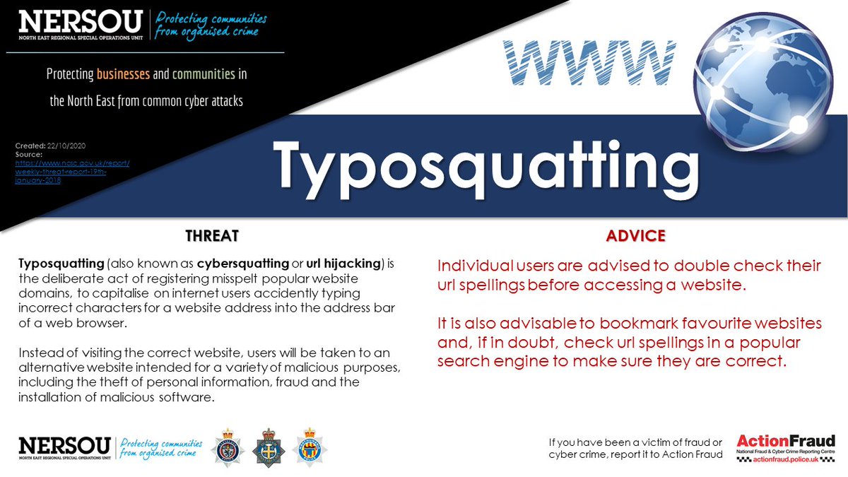 nereccu's tweet image. #Typosquatting #Cybersquating #URLHijacking

The deliberate act of registering misspelt popular website domains for a variety of malicious purposes.

#cyberprotect #cybersecurity #cybercrime #infosec #malware #fraud #theft #threat #advice