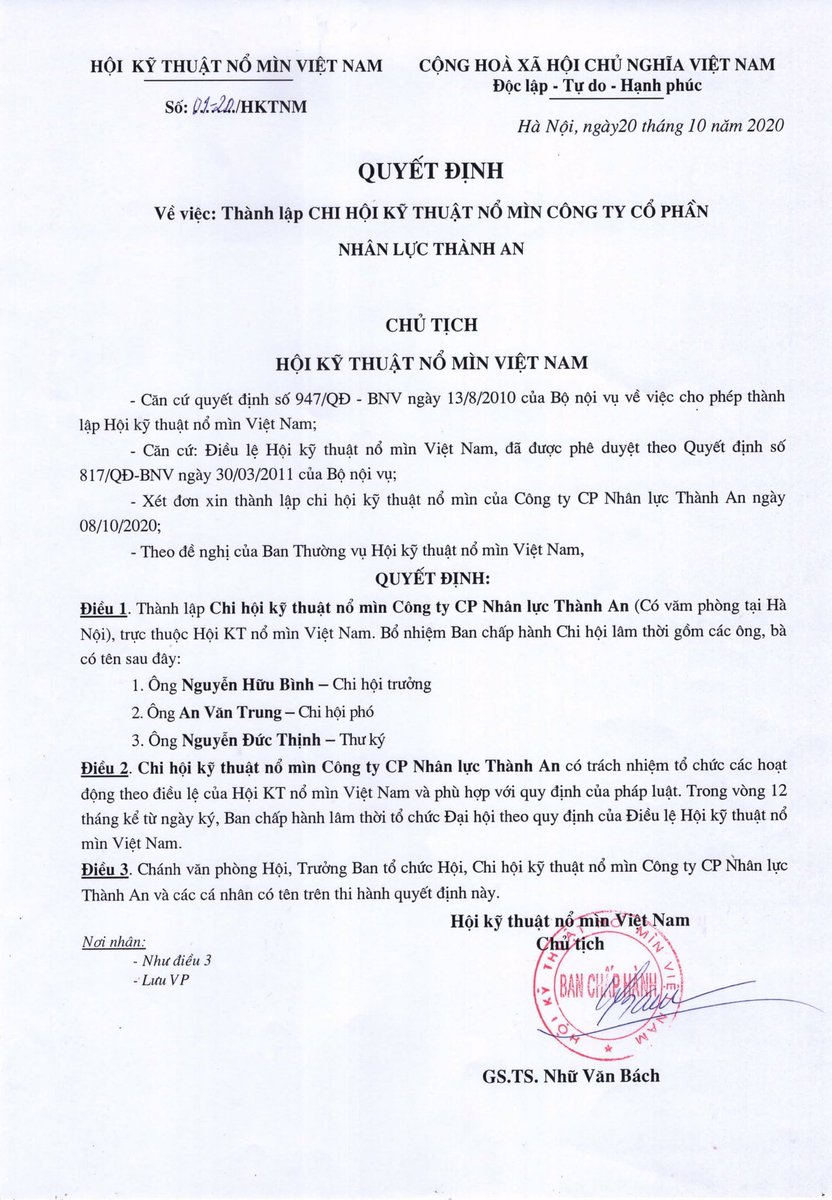BnhTHNHAN2's tweet photo. THÀNH AN công bố thông tin về việc thành lập CHI HỘI KỸ THUẬT NỔ MÌN CÔNG TY CP NHÂN LỰC THÀNH AN theo quyết định số Quyết định số 01-20/HKTNM ngày 20/10/2020 của HỘI KỸ THUẬT NỔ MÌN VIỆT NAM.

Chi tiết xin vui lòng xem tại Website:
https://t.co/BEcAOFGYi8 https://t.co/d7Kl5xRAuW