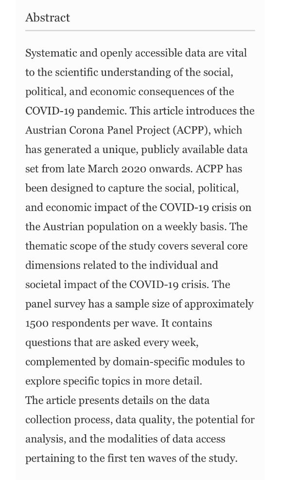 Our new paper is out, reporting concept &amp; first findings of a representative panel survey of people in Austria during COVID-19 (led by B. Kittel): "The Austrian Corona Panel Project: monitoring individual and societal dynamics amidst the COVID-19 crisis" buff.ly/2Th9qsS