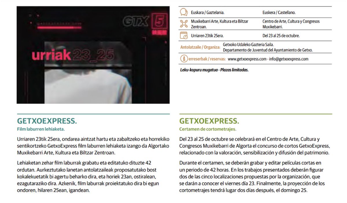 Del 23 al 25 de octubre se celebra en el Centro de #Arte, #Cultura y Congresos @Muxikebarri el concurso de cortos #GetxoExpress, para la valoración, sensibilización y difusión del #patrimoniocultural de #Getxo #KontaiguzuOndarea #JEP2020 https://t.co/GnPfIGi336