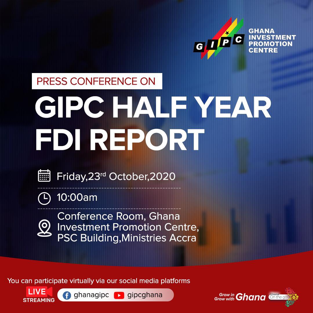 gipcghana's tweet photo. Join us virtually today @ 10:00am via our social media platforms to participate in a press conference on the GIPC Half Year FDI Report.
It will be steamed live on Facebook @ghanagipc and our YouTube channel GIPC Ghana.
#GrowInGhanaGrowWithGhana #GhanaFDI #GhanaOnTheGo https://t.co/Cvs8ZQro10