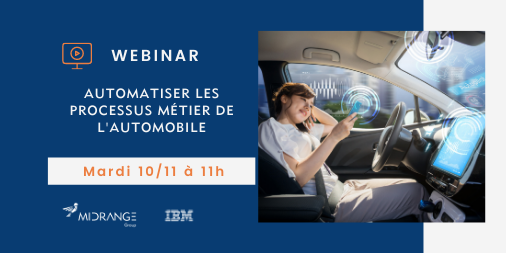 GroupMidrange's tweet photo. ⏯ WEBINAR - "Gagner du temps grâce à la robotisation des processus métiers automobile" 
Mardi 10/11 à 11h Animé par @GroupMidrange et @IBM_France 
Plus d'infos et inscription ici : https://t.co/1Z0hwdCVBX https://t.co/OKvLqtiGQg