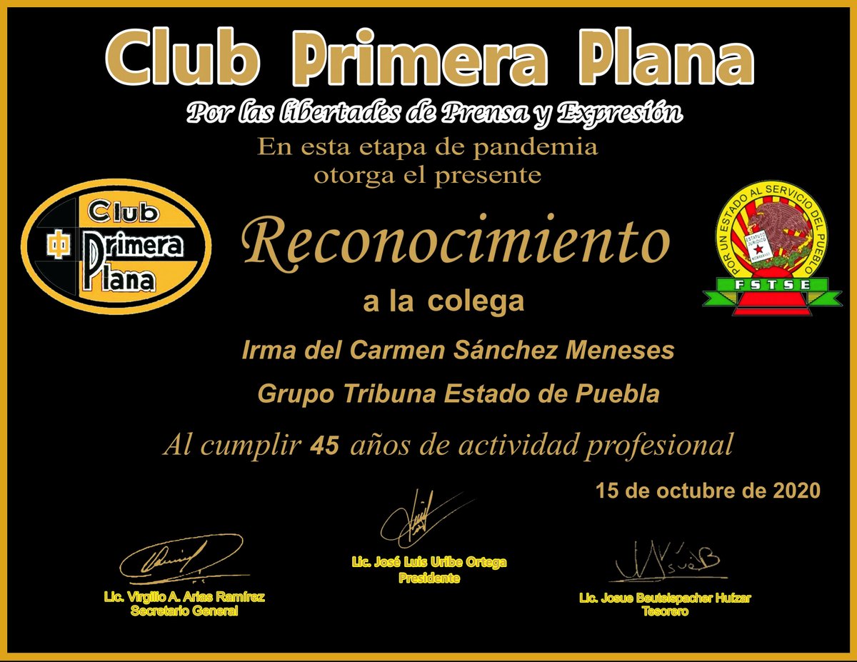 Felicito a nuestra amiga
Irma del Carmen Sánchez Meneses
<a href="/NoticiasTribuna/">Tribuna Noticias</a> y <a href="/Cambio_Diario/">diario cambio</a>
Por recibir el Premio Reconocimiento Nacional por 45 años de trayectoria  del Club Primera Plana
Gracias <a href="/CPrimeraPlana/">Club Primera Plana Oficial</a> y @AmpepOficial