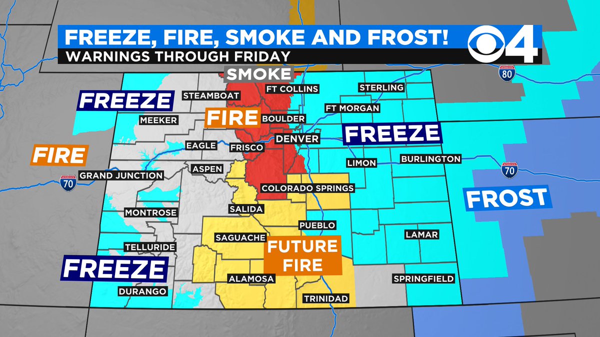 DaveCBSColorado's tweet photo. FREEZE, FIRE, SMOKE AND FROST! Colorado's warning map tonight looks like another Picasso painting!#cowx #cbs4denver #4wx @ChrisCBS4 @AshtonCBS4 @LaurenCBS4 https://t.co/aSsSPK9Jte