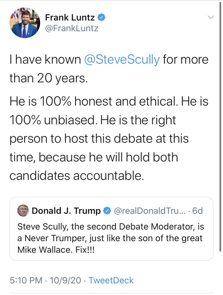 For those who were defending Scully against allegations of political impropriety before Tweetgate, I tried to go easy and assume they were in good faith. But some were just too egregious, like  @FrankLuntz. “100% honest” didn’t quite hold up.