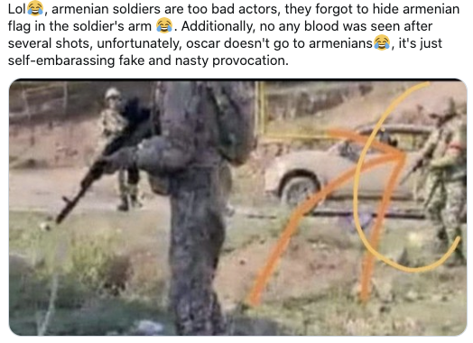 There has clearly been a huge push to claim these videos are fake. One popular claim is that because 1 soldier was wearing a red armband they were Armenian.This is rather undermined by the Azerbaijani MoD having released images of one of its own soldiers wearing a red arm band.