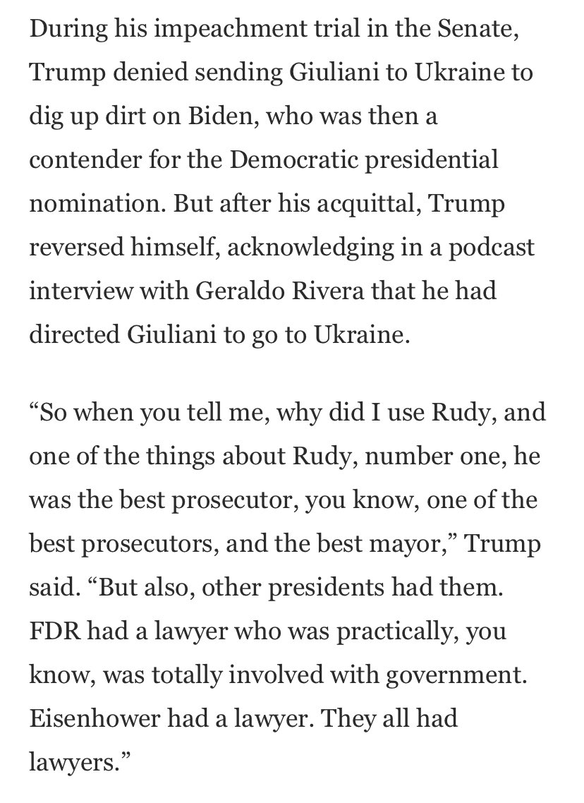 During the impeachment trial, Trump denied sending Rudy to Ukraine to get dirt on Biden, from individuals he at this time *knew were Russian assets*. This was a lie. He admitted it later, probably by accident