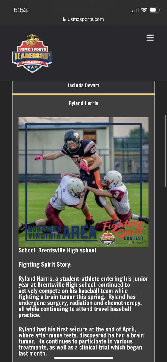 Our <a href="/ryland_harris/">Ryland Harris</a> is a finalist for the @USMCSports Fighting Spirit Contest! Show Ryland and his family your support and vote/share! #BuiltByBrentsville #PTR <a href="/WittTaryn/">Coach Witt</a> <a href="/BDHSNews/">Brentsville District High School</a> <a href="/TurfgrassTiger/">Brentsville Turf Toro Grounds Academy</a> @BaseballBDHS <a href="/boosters_bdhs/">BDHS Boosters</a> <a href="/BrentsvilleSpo1/">Brentsville Sports</a> usmcsports.com/fighting-spiri…