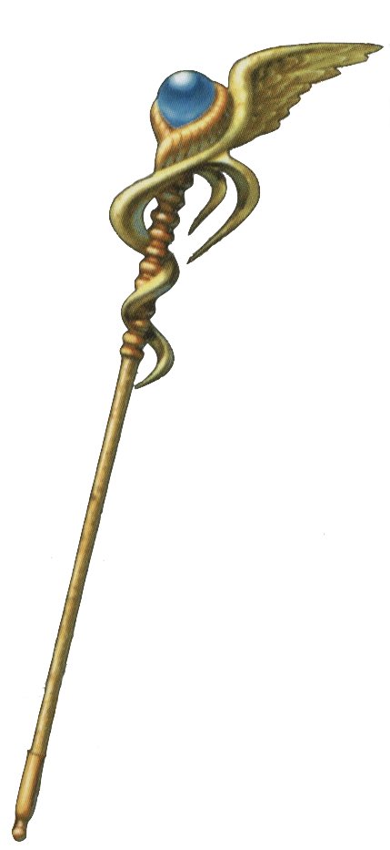 Her weapon and holy symbol for her cleric spells is this staff (or similar).