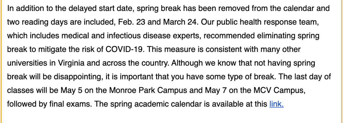 samimcg14's tweet image. President Rao of VCU just announced the school's spring semester reopening plan today. Classes will be held in either in-person, hybrid, or all online formats and there will be no spring break. Students! How do you feel about the changes to your semester? #VCU #vcustudents