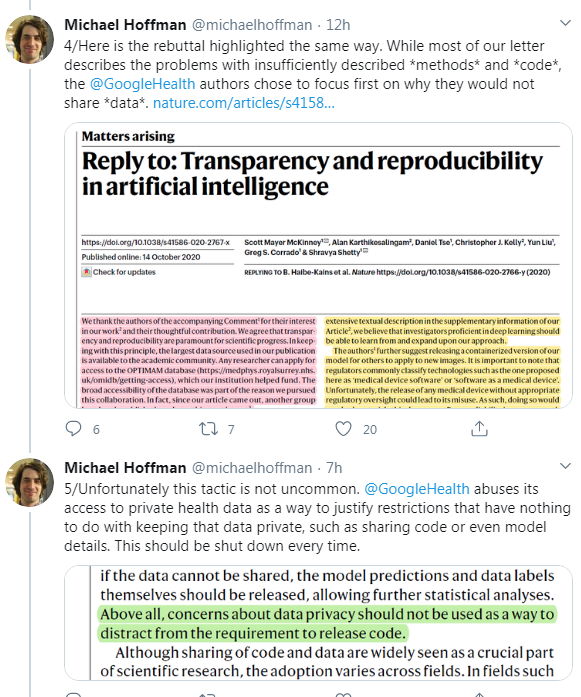 @michaelhoffman's tweets are wild. He claims outright scientific malice on the part of Google. He says they "abuse access to private health data" to prevent sharing code.This is absurd. The model training code is irrelevant to any reproduction of this evaluation study.9/12
