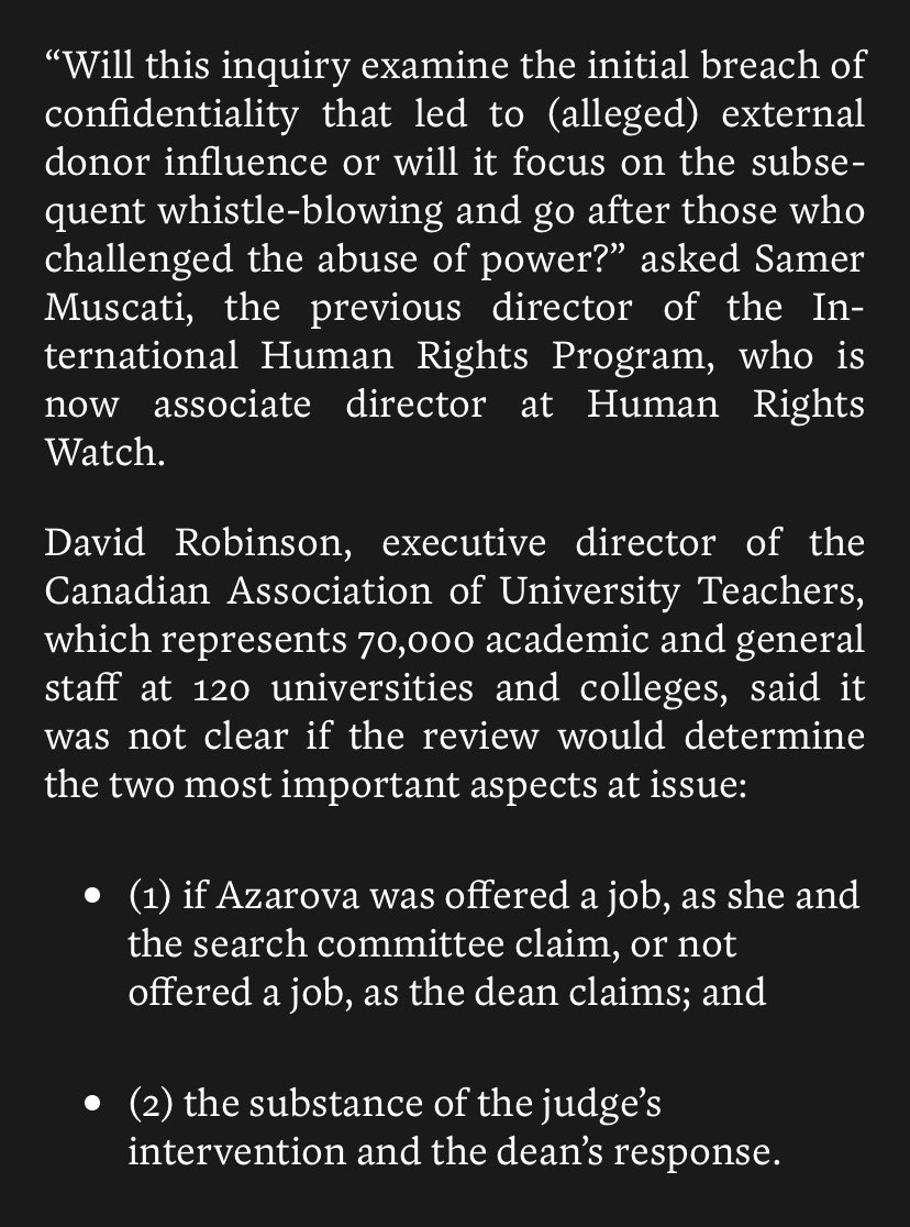 To begin, I echo the many concerns cited in  @ShreeParadkar’s column:David Robinson of  @CAUT_ACPPU &  @SamerMuscati formerly of IHRP both question the reviewer’s mandate. It’s not clear that key issues in the controversy will even be addressed. 2/