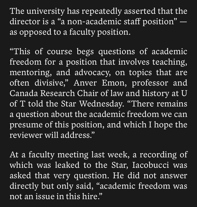 Professors  @AnverEmon & Kent Roach both raised questions about whether academic freedom attaches to clinic directors. The Dean ignored these questions, while emphasizing the position is “non-academic staff.”The review mandate doesn’t include this important issue. 4/
