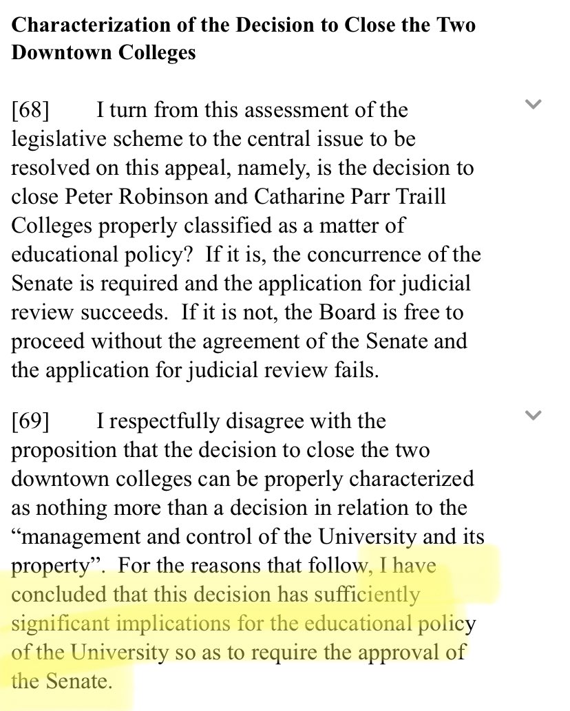 Justice Sharpe held (in dissent) that the decision to close two colleges, initiated by Bonnie Patterson, would have significant implications for educational policy thereby requiring Faculty Senate approval. 11/
