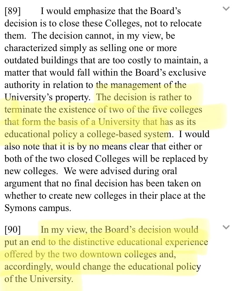 Justice Sharpe held (in dissent) that the decision to close two colleges, initiated by Bonnie Patterson, would have significant implications for educational policy thereby requiring Faculty Senate approval. 11/