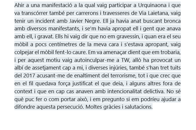 xavidomenech99's tweet photo. 1) He rebut aquest missatge de @Janaroman1307 en el que denuncia que va ser víctima d'un incident que va provocar el periodista Javier Negre ahir a Urquinaona. Està patint assetjament, amenaces i insults per part d'aquest individu i crec que li hauriem de donar un cop de má. 🔽 https://t.co/B6ZOPTVlsB
