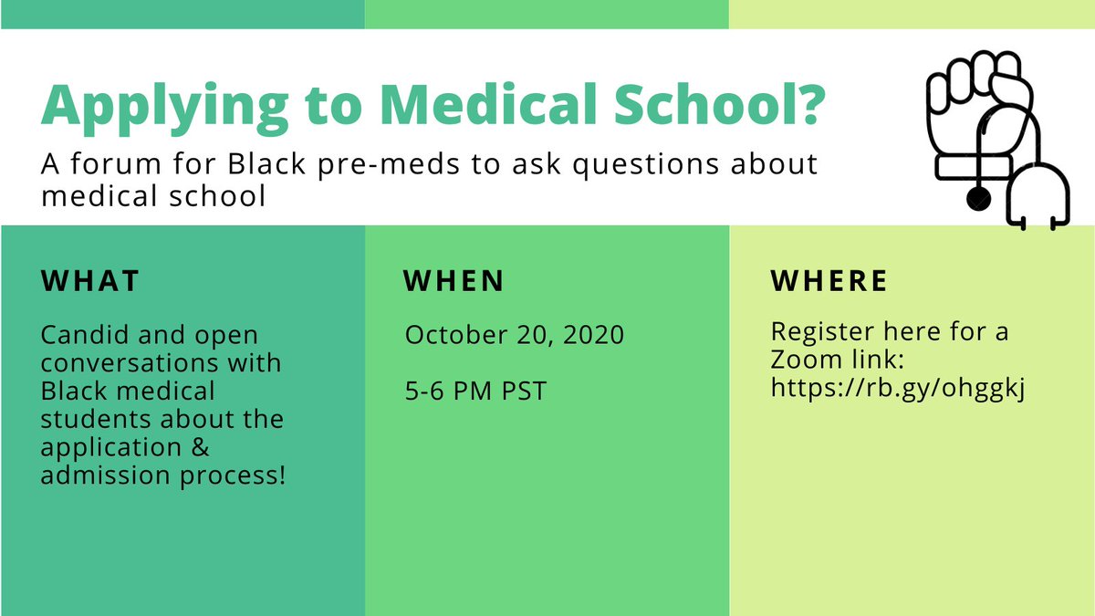 Dear Black Pre-Meds
Ask me and @haley_e_moss any questions you have about preparing for and applying to med school. We're here to support ya'll #premedtwitter #MedTwitter
Date: Oct 20th
Time: 5-6PM PST
Register here: https://t.co/TPG37LQwKX https://t.co/3mmcOw34kG