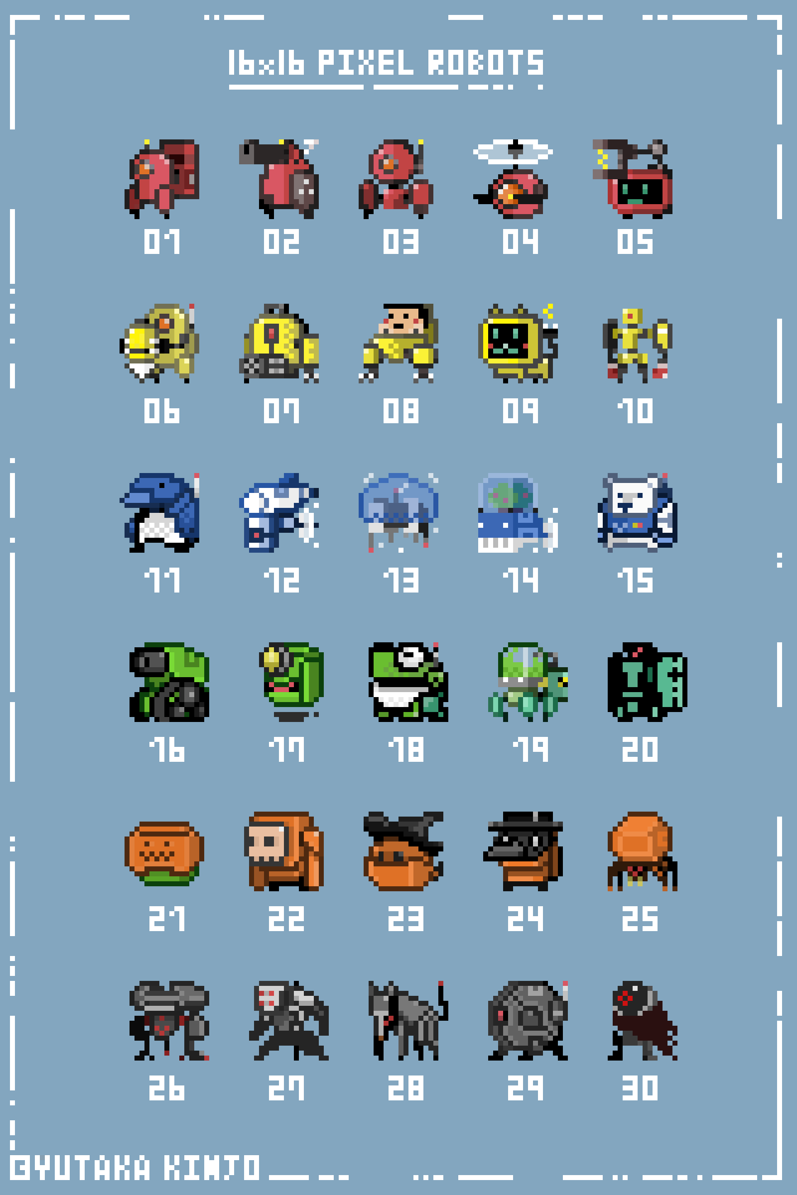 Kinjo 16x16 ピクセルロボットが30体できあたり完成となりました 1日1体書いて 1ヶ月間続けられました いいねありがとうございました とても励みになりました Now Complete 16x16 Pixel Robots I Wrote 30 Tiny Bots Art In A Month Pixelart